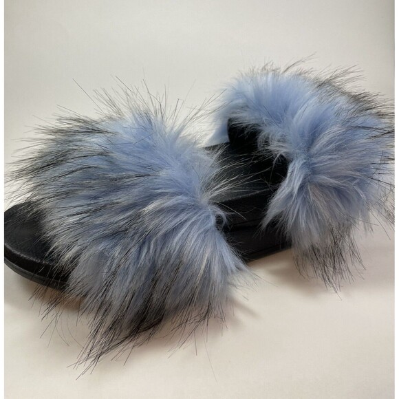 Faux Fox Fur Slides/Slippers Women's US 7.5-8 Light Blue Fuzzy Fluffy Flat Soft - Picture 14 of 15